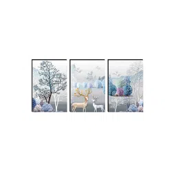 SAF White & Blue 3 Pieces Deer And Tree Painting Wall Art image 2