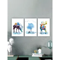 SAF White & Blue 3 Pieces Deer & Tree Painting Wall Arts-picture-16