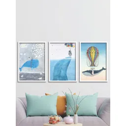 SAF White & Blue 3 Pieces Sea & Whale Painting Wall Art-picture-43