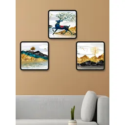 SAF White & Blue 3 Pieces Wood Deer & Mountain Wall Art-picture-19