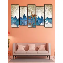 SAF White & Blue 5 Pieces Deer Wood Abstract Wall Art-picture-33