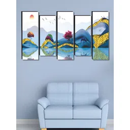 SAF White & Blue 5 Pieces Nature Wooden Wall Art-picture-22