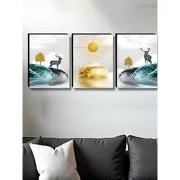 SAF White & Gold-Toned 3 Pieces Deer & Sun Rise Printed Wooden Wall Paintings-picture-17