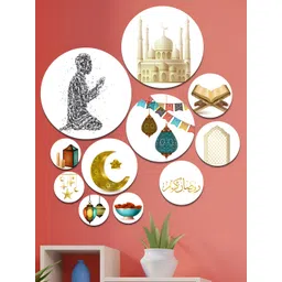 SAF White & Green 11 Pieces Islamic Religious MDF Round Shaped Wooden Wall Hangings-picture-18