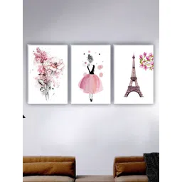 SAF White & Pink 3 Pieces Flower & Eiffel Tower Painting Wall Art-picture-30
