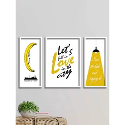 SAF White & Yellow 3 Pieces White & Yellow Printed Framed Wooden Wall Art-picture-33