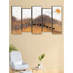 SAF White & Yellow 5 Pieces Camels Printed Wooden Wall Arts-picture-23