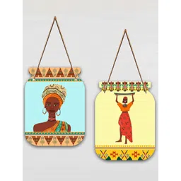SAF Yellow & Blue 2 Pcs African Woman Design Jar Shape Wooden Wall Hangings With Strings-picture-25