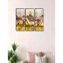 SAF Yellow & Orange 3 Pieces Abstract Synthetic Wood Wall Paintings-picture-34
