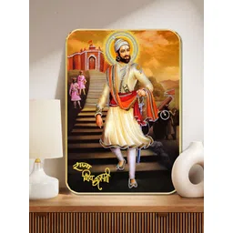SAF Yellow & Orange Chhatrapati Shivaji Maharaj Printed Wooden Wall Art-picture-36
