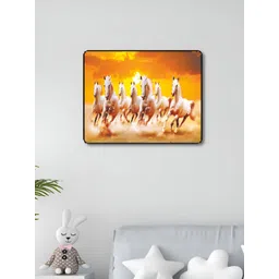SAF Yellow & White Seven Running Horse Printed Wooden Wall Art-picture-31