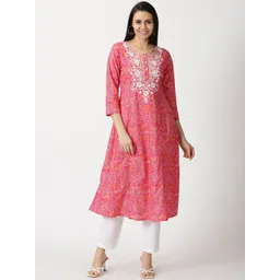Saffron Threads Floral Print Chikankari Embroidery Pure Cotton A-Line Kurta-image-13