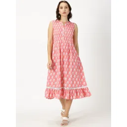 Saffron Threads Floral Print Pure Cotton A-Line Midi Ethnic Dress with Pintuck Detail-picture-25