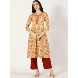 Saffron Threads Floral Printed Mirror Work Pure Cotton A-Line Kurta-image-33