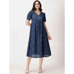 Saffron Threads Geometric Woven Design Puff Sleeve Fit and Flare Pleated Cotton Midi Dress-image-29