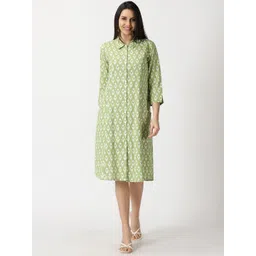 Saffron Threads Ikat Ethnic Motifs Printed Cotton Shirt Dress-picture-19