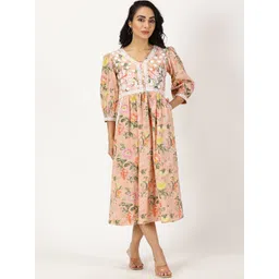 Saffron Threads Printed Chikankari Puff Sleeves Pure Cotton Fit & Flare Midi Ethnic Dress-picture-37