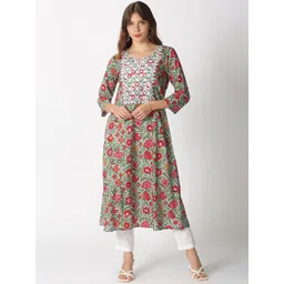 saffron threads Saffron ThreadsWomen Turquoise Blue Floral Printed Chikankari Embroidered Neck Kurta-picture-32