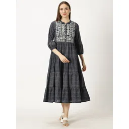 Saffron Threads Women Ethnic Motifs Embroidered A-Line Cotton Tiered Midi Dress-image-4