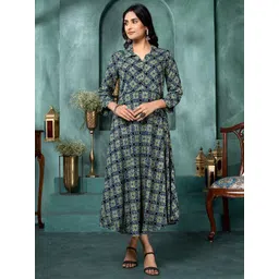 Saffron Threads Women Ethnic Motifs Print Shirt Collar Fit & Flare Midi Dress-picture-17