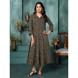 Saffron Threads Women Ethnic Motifs Printed Shirt Collar Fit & Flare Midi Dress-image-37