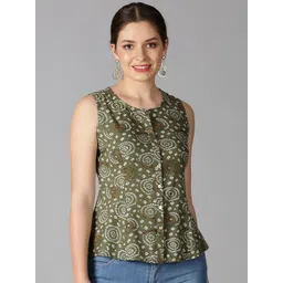 Saffron Threads Women  Green Bandhani Print A-line Top-picture-28