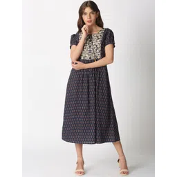 Saffron Threads Women Navy Blue Ethnic Motifs Printed A-Line Midi Dress-picture-16