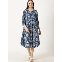 Saffron Threads Women Tropical Printed Cotton Puff Sleeve A-Line Midi Dress-picture-37