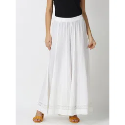 Saffron Threads Women White Flared Ethnic Palazzo with Lace on Hem-image-48