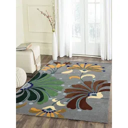 Safiya Carpet Grey & Green Floral Hand-Tufted Woollen Traditional Carpet image 1