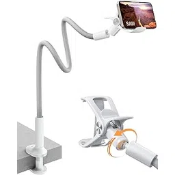 SAIJI Gooseneck Phone Holder for Bed Overall Length 38.6" Flexible Leather Wrapped Arm Overhead Cell Phone Mount Stand with 360° Adjustable Clamp Clip, Compatible with All 4-7" Cellphones (Grey)-picture-11