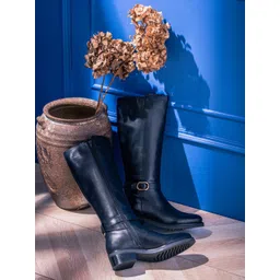 Saint G Women Black Gold Buckle Decorative Leather Long Boots-picture-26