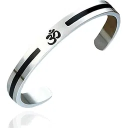 saizen Stainless Steel Open Kada Bracelet with Engraved Om Symbol for Men & Boys – Silver & Black Finish-picture-17