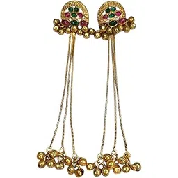 sajobhi Kashmiri Gold-Toned Earrings with Ghungroo Bells, Green and Pink Stone Embellished, Chain Dangle, Ethnic Design-picture-23