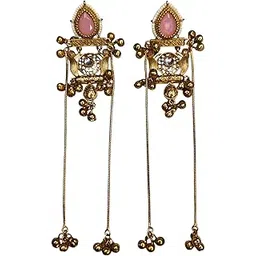 sajobhi Kashmiri Long Dangle Earrings, Pink Stone and Pearl Design, Gold-Toned with Bells-picture-29