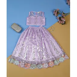 Saka Designs By Sapna Net Woven Sleeveless Floral Embroidered & Sequins Embellished Lehenga Choli Set - Lilac-picture-14