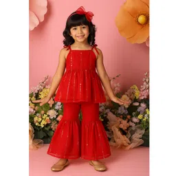 Saka Designs By Sapna Net Woven Sleeveless Mirror Work Detailed Sequins Embellished Kurti & Sharara Set - Red-picture-12