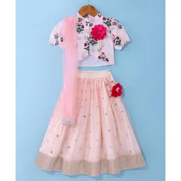 Saka Designs Jacquard Woven Half Sleeves Mardarin Collared Floral Print & Applique Choli With Sequined Embroidered Lehenga Set &Dupatta -Off White & Cream-picture-26