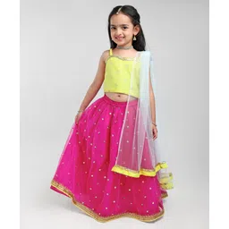Saka Designs Singlet Choli & Full Length Lehenga with Dupatta Zari Border - Pink Yellow-picture-19