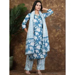 SALE MANTRA Women Floral Printed Regular Beads and Stones Pure Cotton Kurta with Palazzos & With Dupatta-picture-39