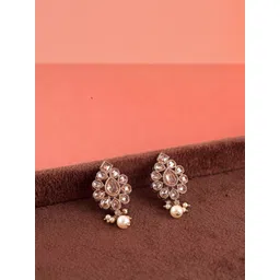 SALONI FASHION JEWELLERY Gold-Plated Kundan Studded Leaf Shaped Drop Earrings-picture-40