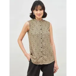 SALT Attire Beige Salient Beige Shirt Geometric Mandarin Collar Shirt-picture-22