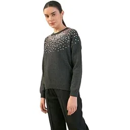 salt attire Estella Women's Woolen Embellished Sweater with Round Neck - Full Sleeve, Regular Fit, Standard Length, Cozy Closet Collection, Made in India Grey-picture-48