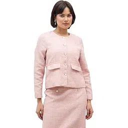 salt attire Susie Women's Blush Pink Tweed Short Blazer | Button Down, Collarless Round Neck, Full Sleeves | Semi-Formal Jacket-picture-41