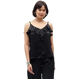 salt attire Velora Women's Multi Black Crushed Satin Top | Ruffle Neck, Adjustable Straps, Sleeveless Tank | Party-picture-45