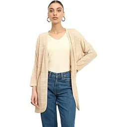 salt attire Women's Tapioca Beige Longline Shrug | Wool Textured Open Front Shrug for Women | V-Neck Cardigan Style | Standard Length Winter Wear | Machine Washable | Office & Casual Use-picture-25