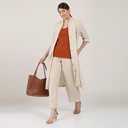Saltpetre Orange V-Neck Top With Trousers & Beige Shrug Co-Ords-picture-15