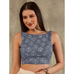 SALWAR STUDIO Block Printed Boat Neck Sleeveless Cotton Saree Blouse-picture-15