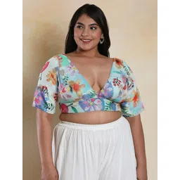 SALWAR STUDIO Floral Printed V-Neck Brocade Readymade Saree Blouse-picture-13