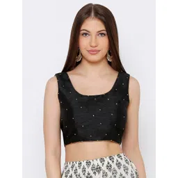 SALWAR STUDIO Women Black & Gold-Toned Embellished Dupion Silk Readymade Saree Blouse-picture-30